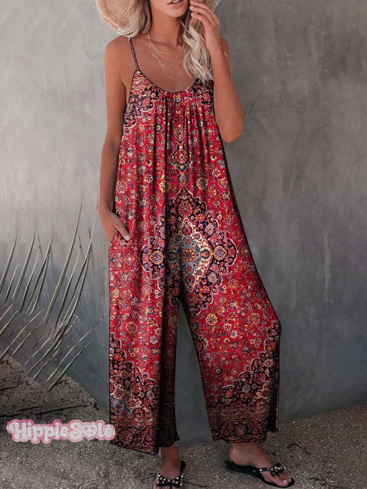 Women&rsquo;s Vintage Retro Ethic Art Print Casual 100% Cotton Wide Leg Jumpsuit Multicolor / S