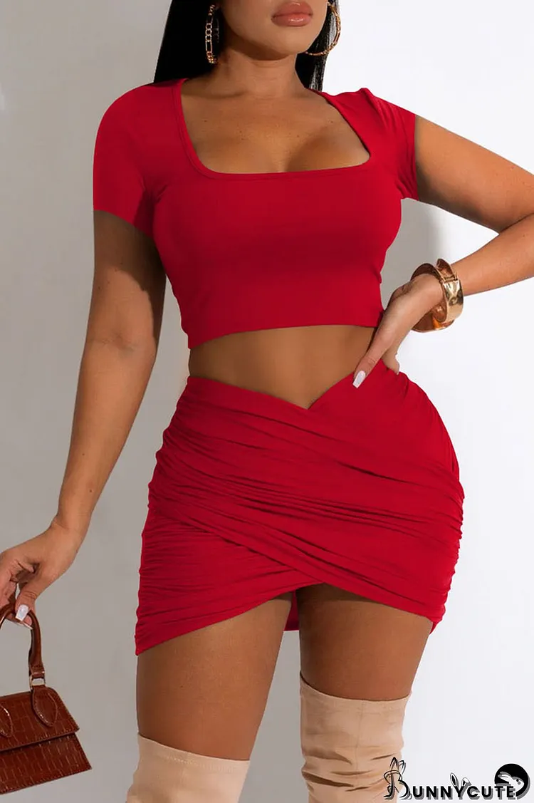 Red Sexy Solid Split Joint U Neck Short Sleeve Two Pieces