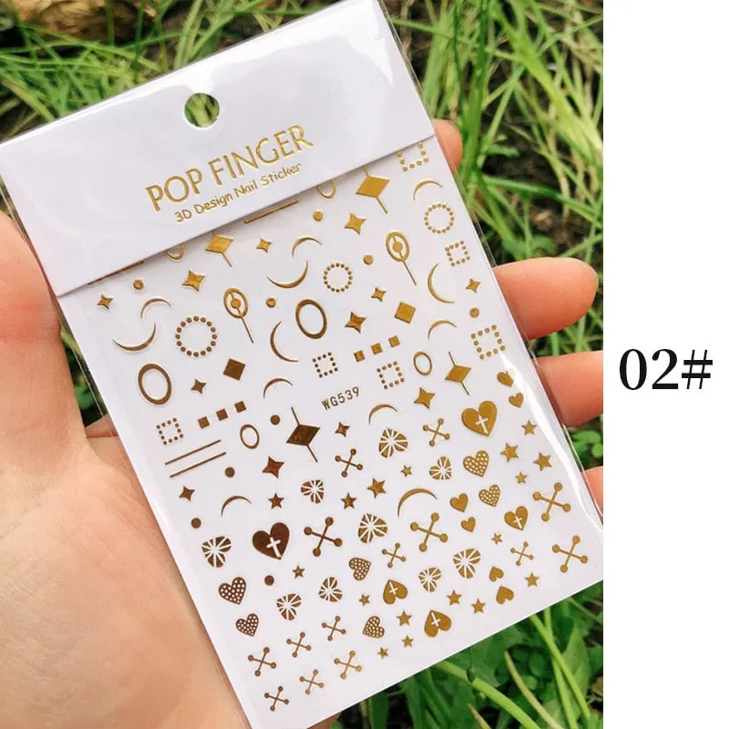 Star Nail Art 3D Stickers Black White Gold Love Hearts Pattern Nail Decals Manicures Nails Design Adhesive Wraps Tip Decoration