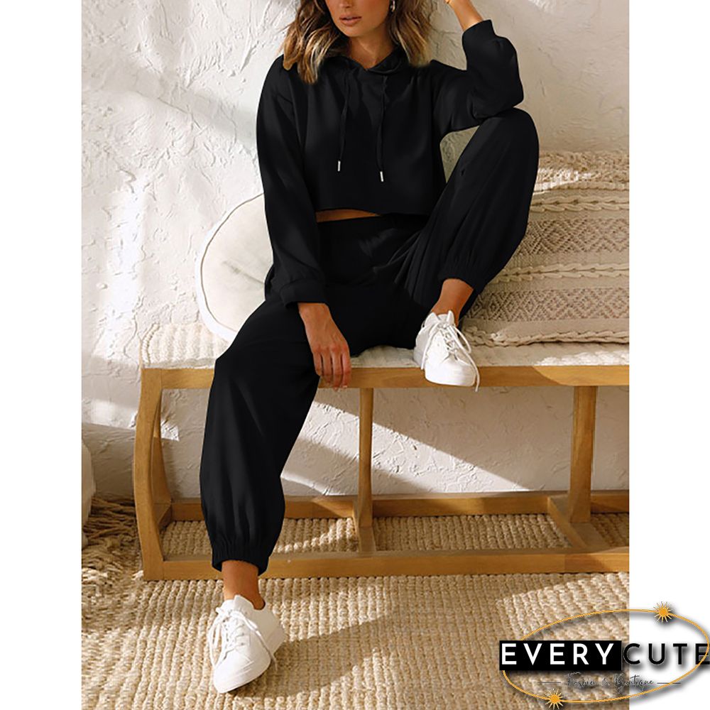 Black Cotton Blend Crop Hoodie and Pant Sports Set