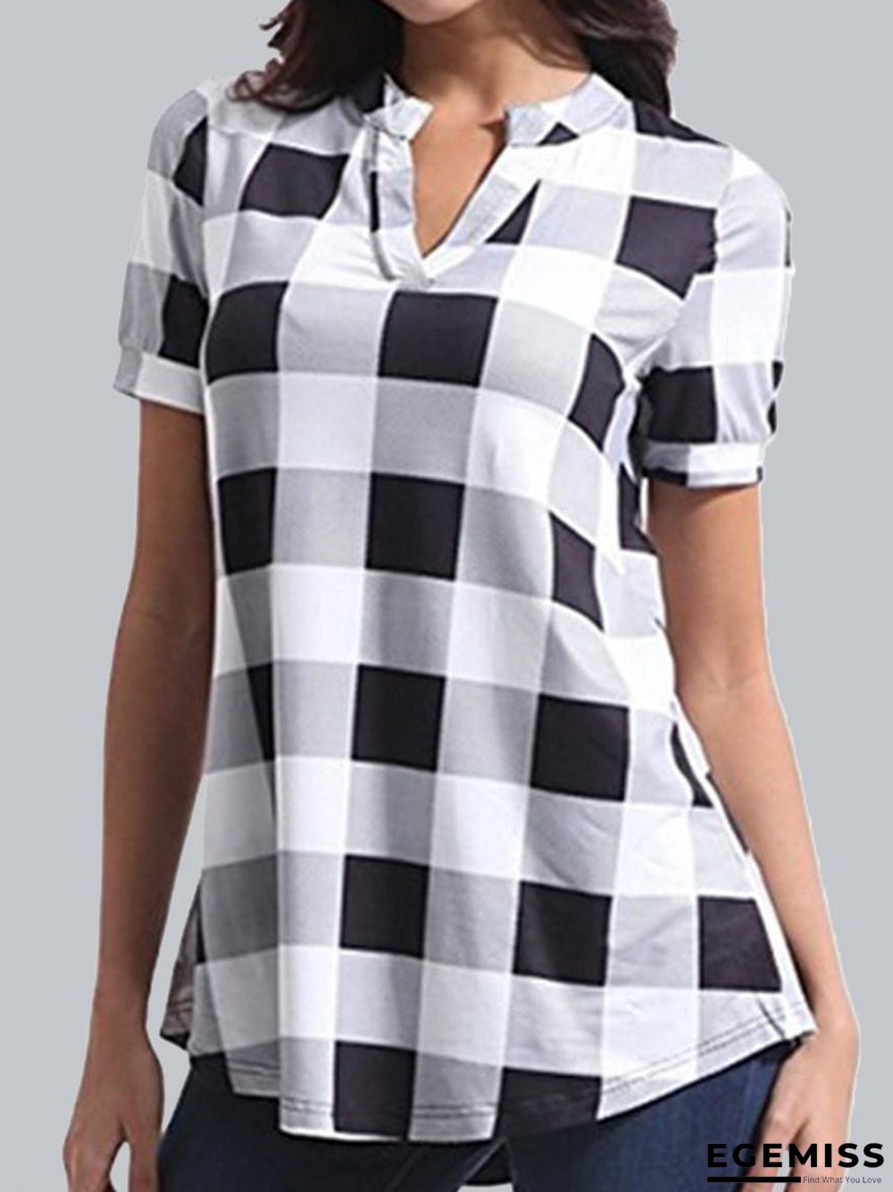 Casual Check Print V-Neck Short Sleeves Blouse | EGEMISS