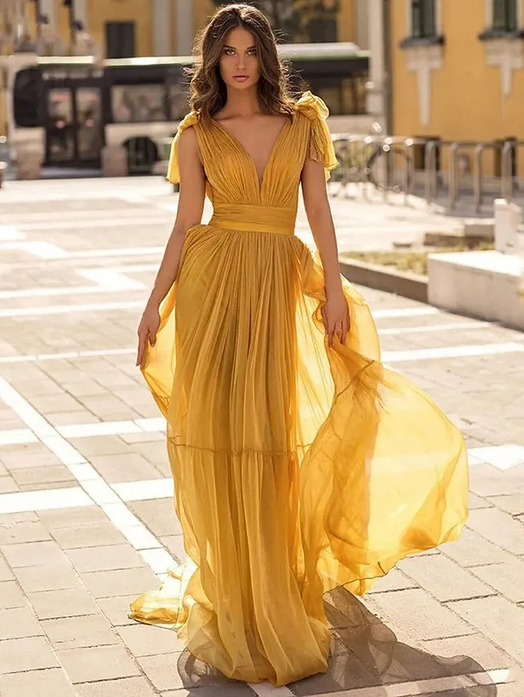 Double V Neck Chiffon Evening Dress Sleeveless Floor Length Elegant Formal Prom Gowns