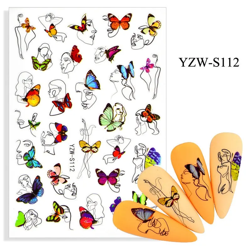 1pc Holographic Blue Nail Stickers Pink Colorful Butterfly Art Sticker With Adhesive DIY Extension Flowers Rose Nail Decoration-Nail Inspo