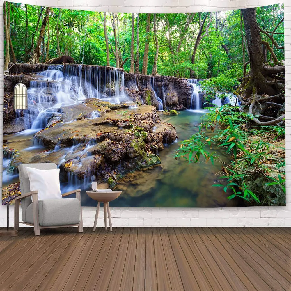 Natural 3D Waterfall Tapestry Beach Towel Landscape Primeval Forest Stream Printing Wall Carpet Yoga Mat Home Art Tapestry Decor