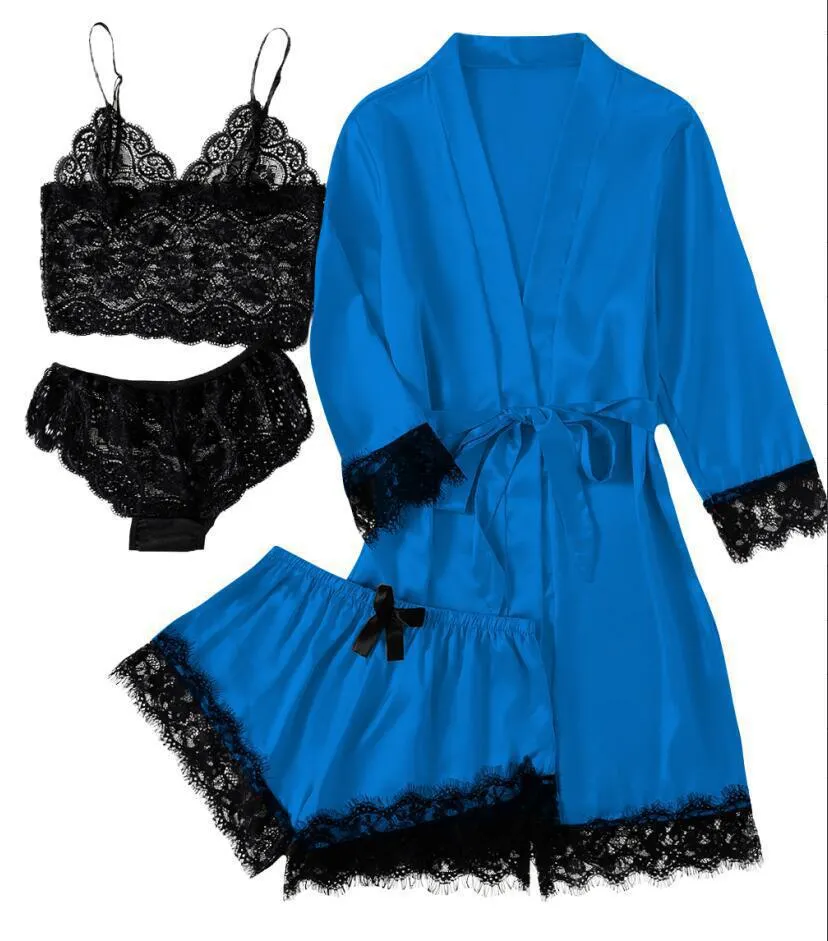 Churchf 2021 New Ladies Pajamas Four-Piece Sexy Sling Skirt Set Home Lace Pajamas Set