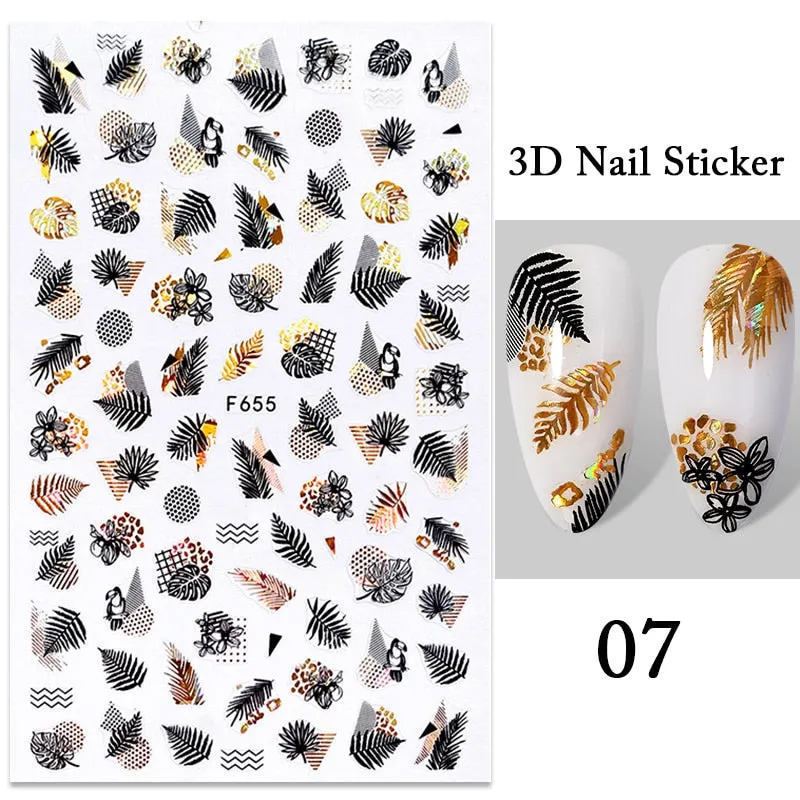 1PC iridescent Gold Black White 3D Nail Sticker Leaves Geometric Tropical Beach Decals DIY Slider Decoration Manicures-Nail Inspo