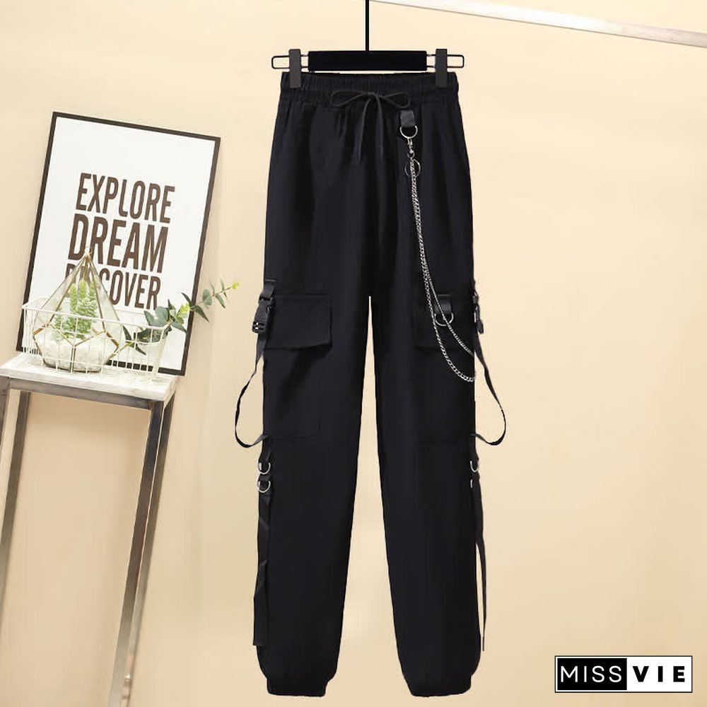 Chic Pocket Lapel Tie T-Shirt Casual Chain Cargo Shorts Pants