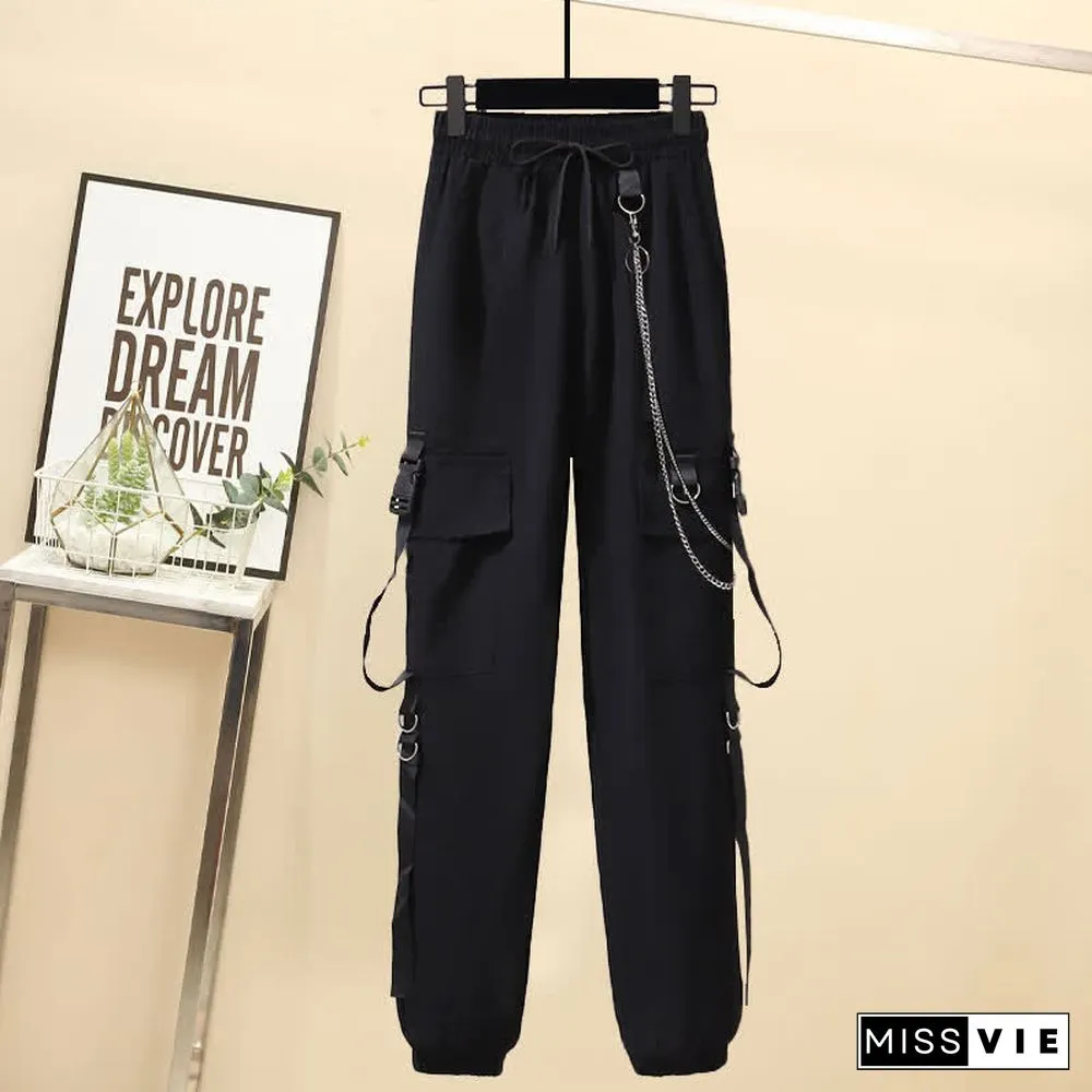 Chic Pocket Lapel Tie T-Shirt Casual Chain Cargo Shorts Pants