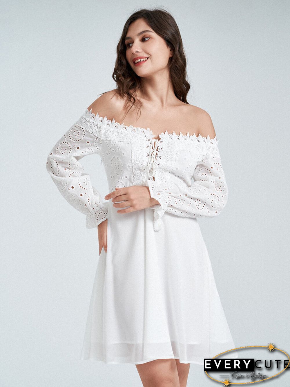 Lace Trim Panel Off Shoulder Tie Front Overlay Dress