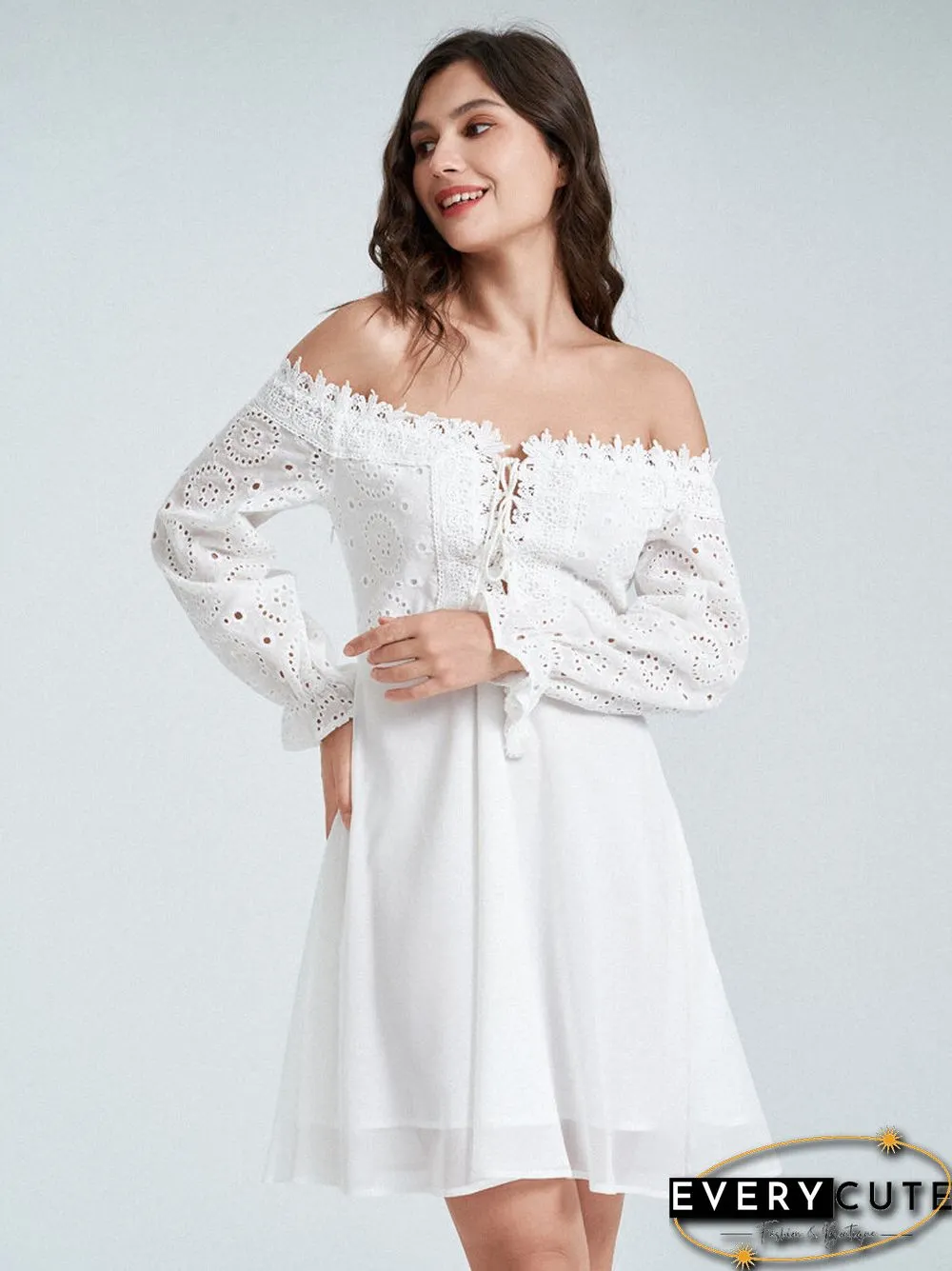 Lace Trim Panel Off Shoulder Tie Front Overlay Dress