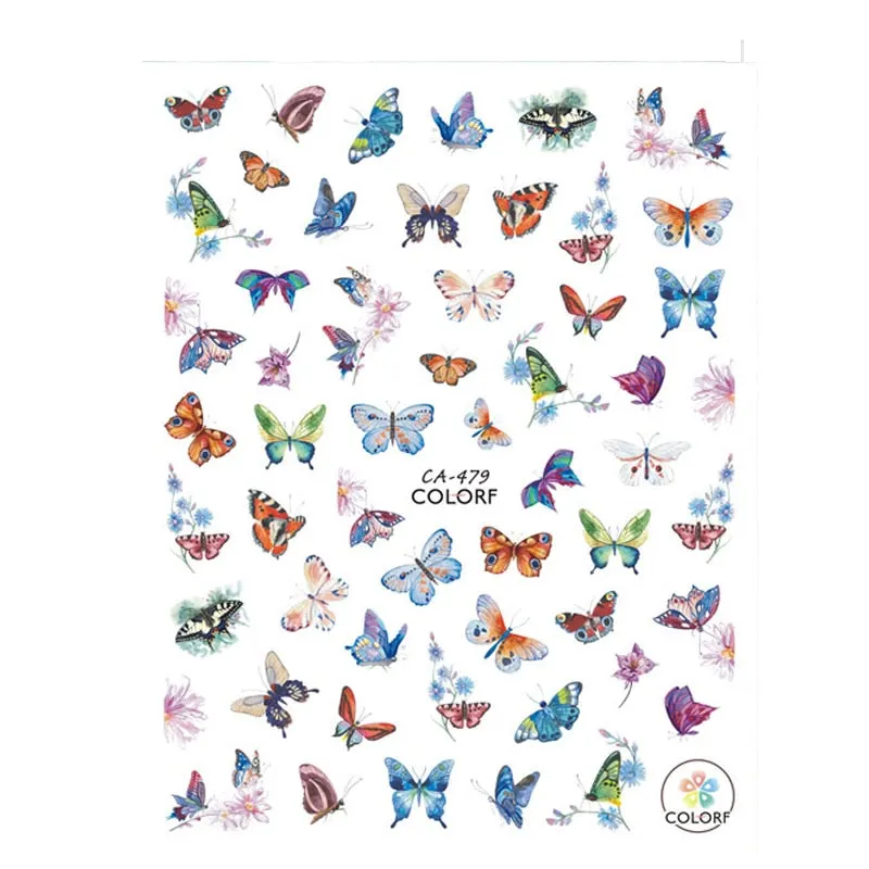 1pc Holographic Blue Nail Stickers Pink Colorful Butterfly Art Sticker With Adhesive DIY Extension Flowers Rose Nail Decoration-Nail Inspo