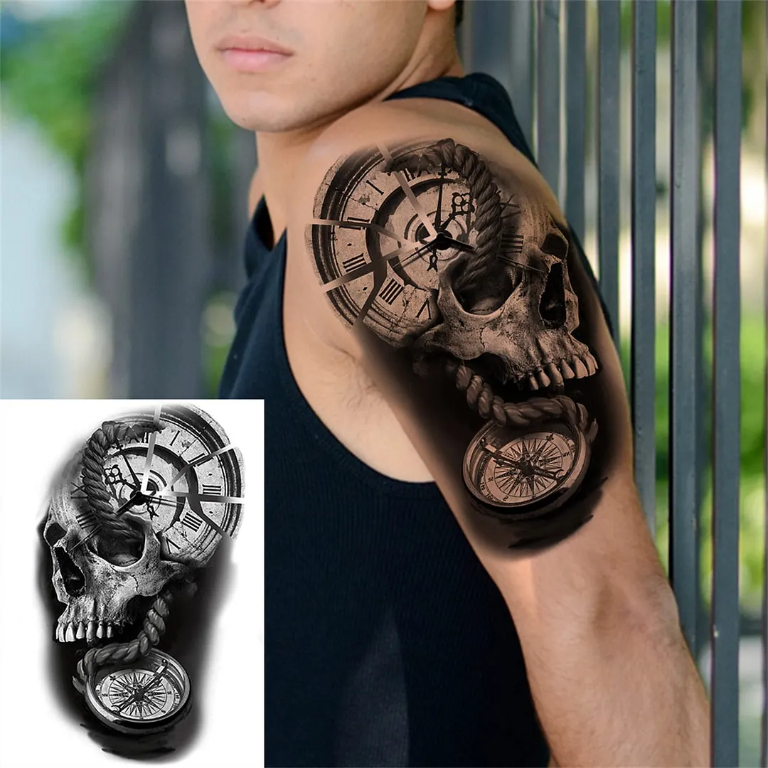 Flower Skeleton Temporary Tattoos For Women Men Adult Death Skull Tattoo Sticker Fake Lion Wolf Forest Black Evil Tatoos Armband