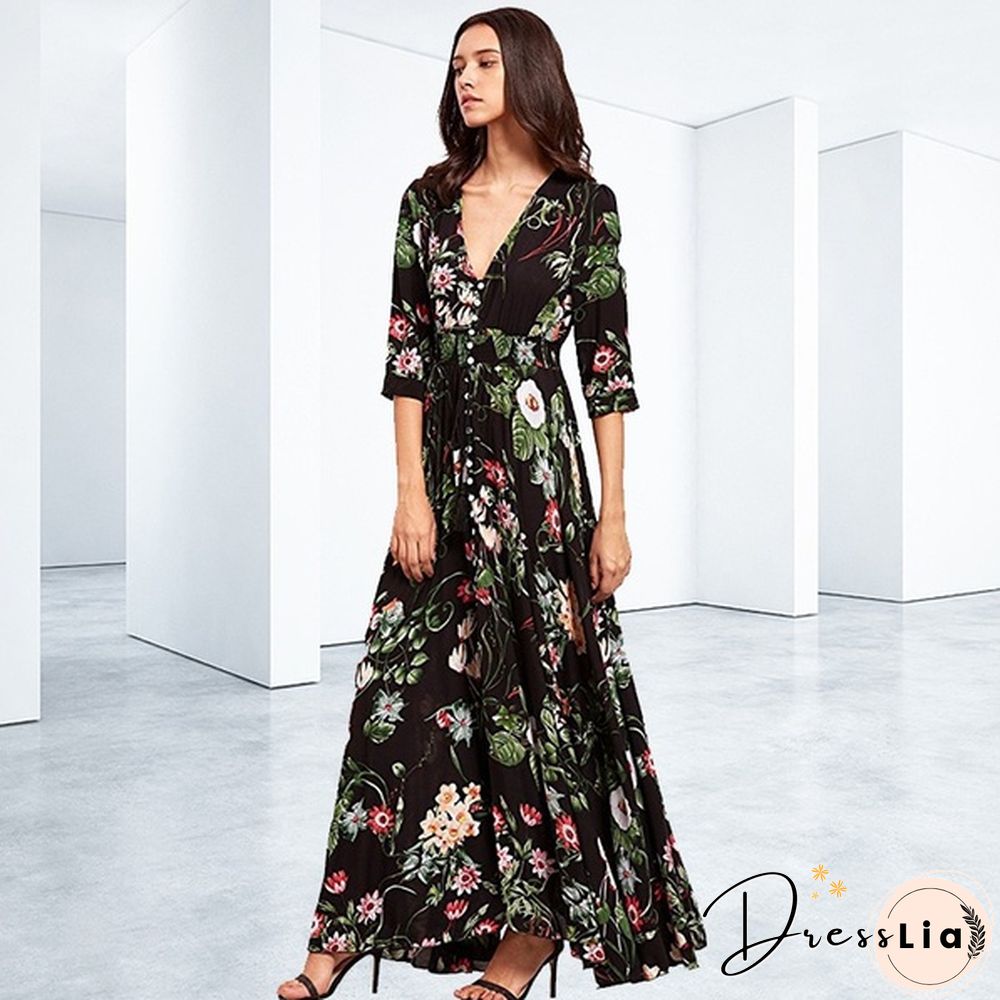 Summer Fashion Womens Bohemian V Neck Print Big Swing Long Dress Plus Size
