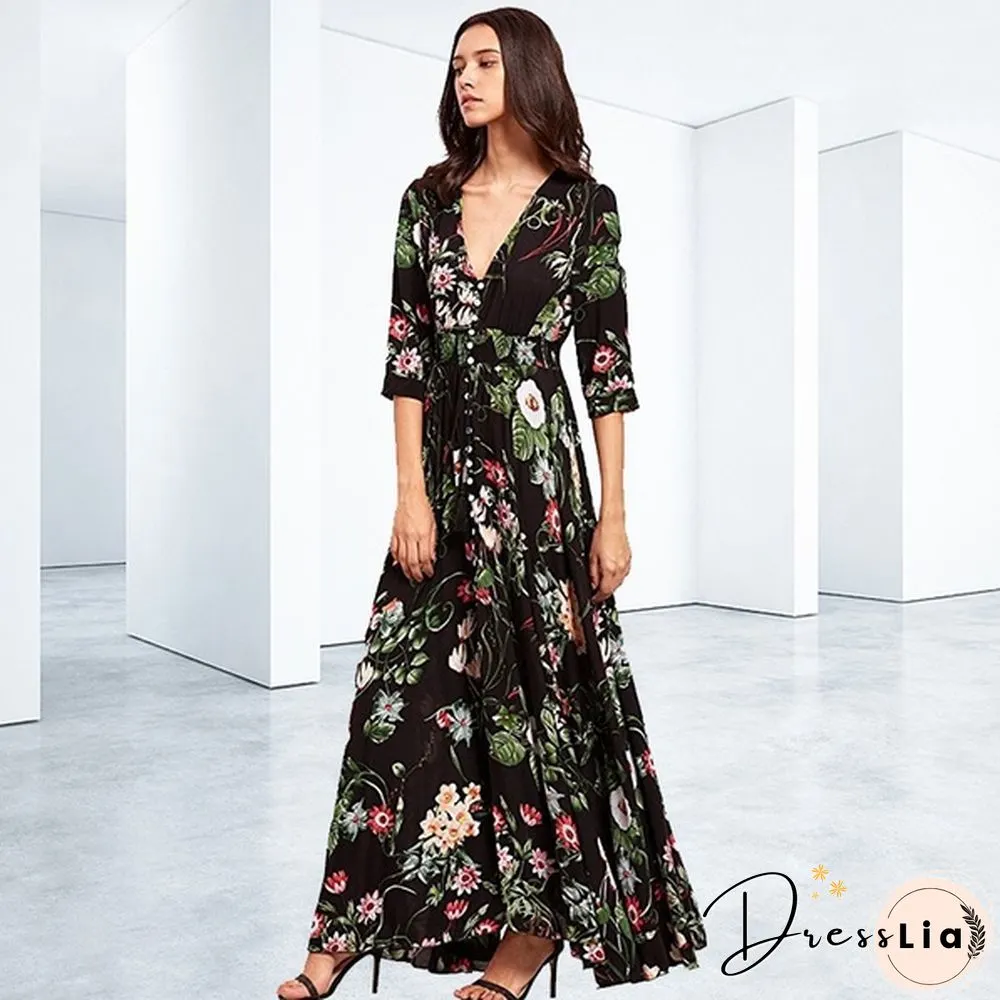 Summer Fashion Womens Bohemian V Neck Print Big Swing Long Dress Plus Size