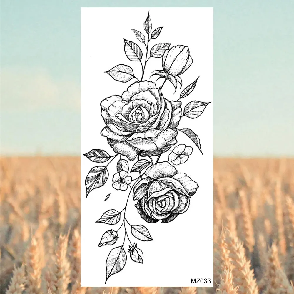 Black Lotus Pendant Temporary Tattoos For Women Adult Rose Flower Jewelry Fake Tattoo Fashion Calf Waterproof Half Sleeve Tatoos
