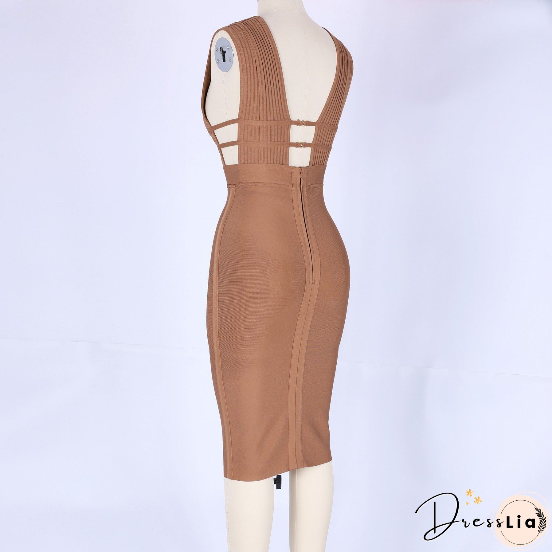 V Neck Sleeveless Hollow Out Midi Bandage Dress PF0803