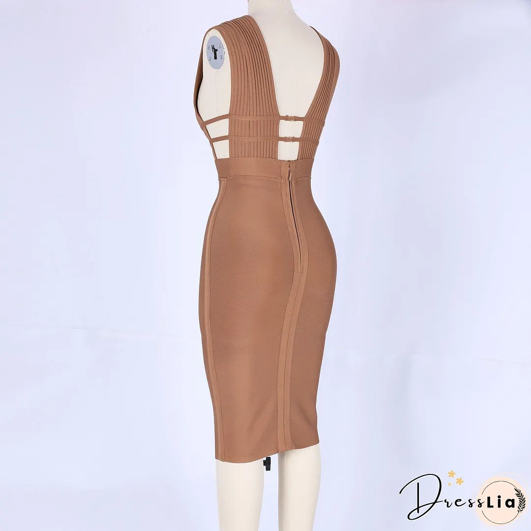 V Neck Sleeveless Hollow Out Midi Bandage Dress PF0803