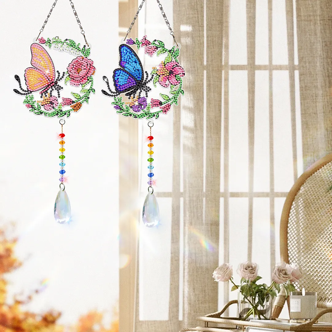 2Pcs Blue and Yellow Butterfly DIY Double-Sided Diamond Painting Hanging Kits Diamond Painting Suncatcher Craft Kit for Home Garden Wall Decor Gift