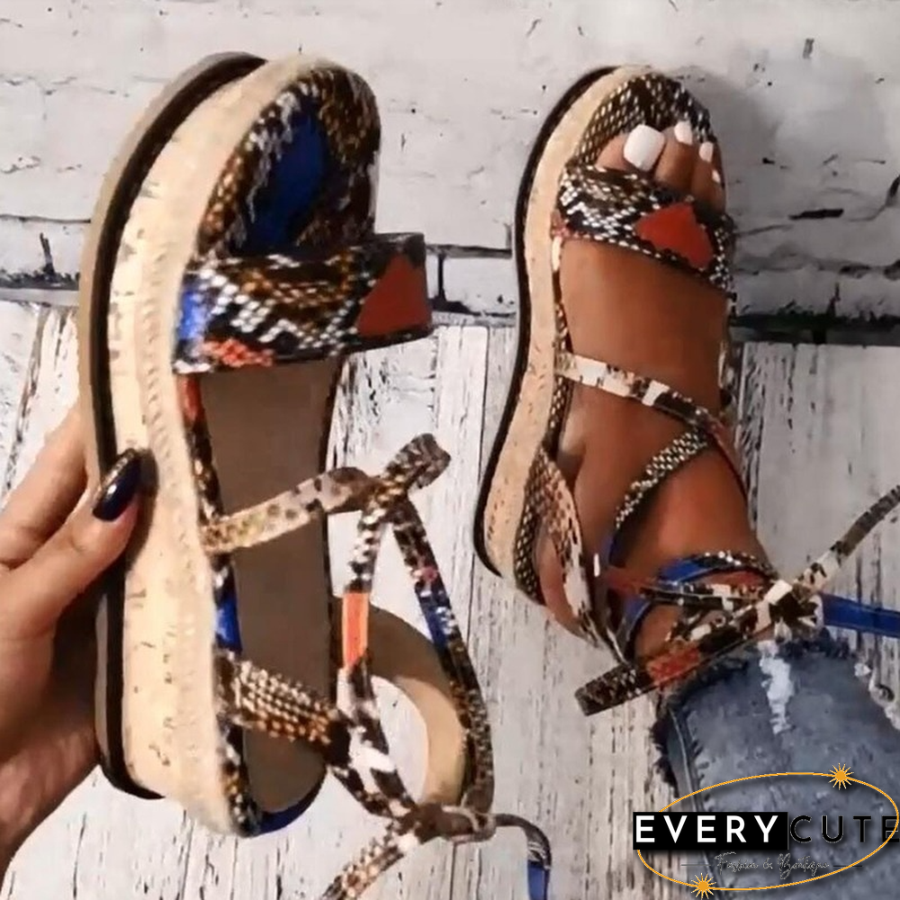 New Summer Women Snake Sandals Platform Heels Cross Strap Ankle Lace Peep Toe Beach Party Ladies Shoes Zapatos Sandals