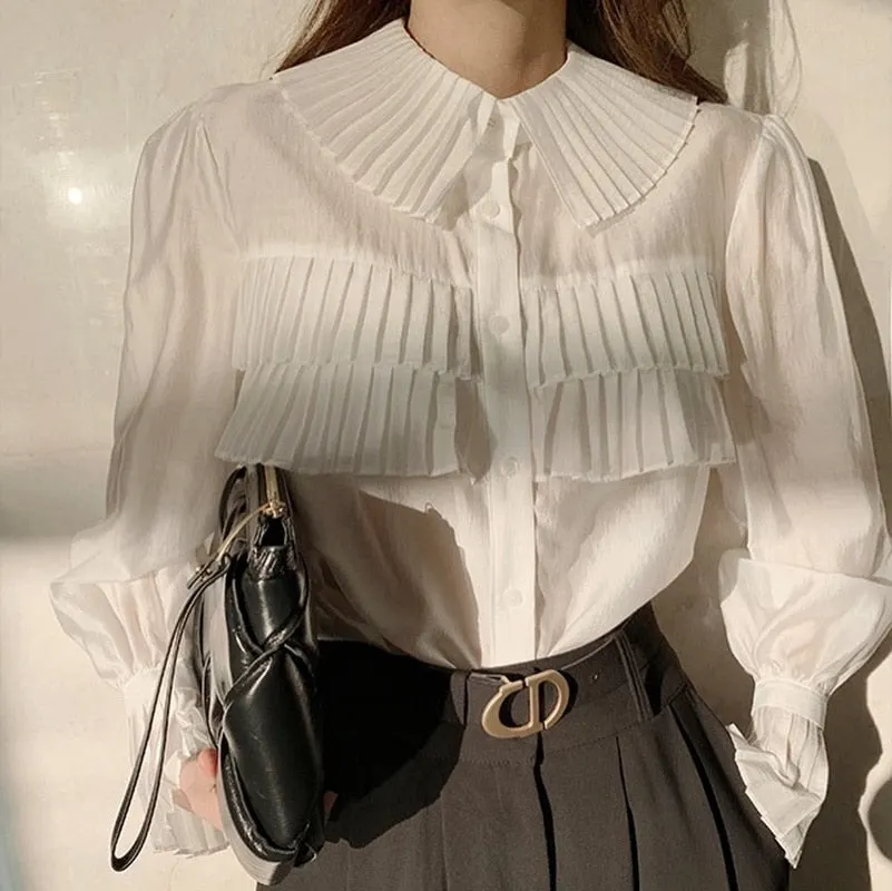 Blusas Spring New Stylish Transparent Pleated White Shirts Women Turn-down Collar Single-breasted Loose Female Blouse Tops 13078