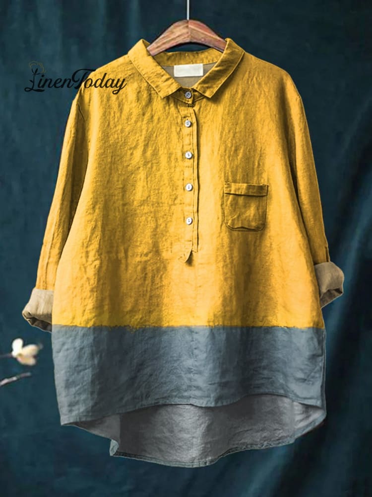 Women&rsquo;s Abstract Simple Color Matching Modern Art Print Casual Cotton And Linen Shirt Multicolor / S