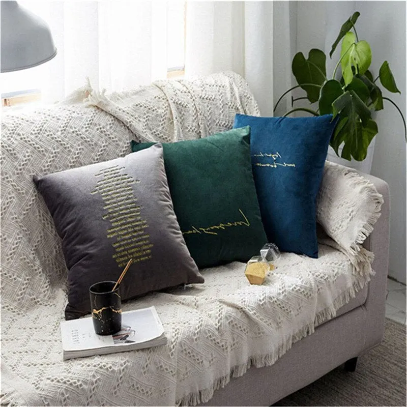 Nordic Square Solid Velvet Pillowcase Letter Embroidered Cushion Cover 45*45 cm Gray Green Blue Home Decor Pillow Cover For Sofa