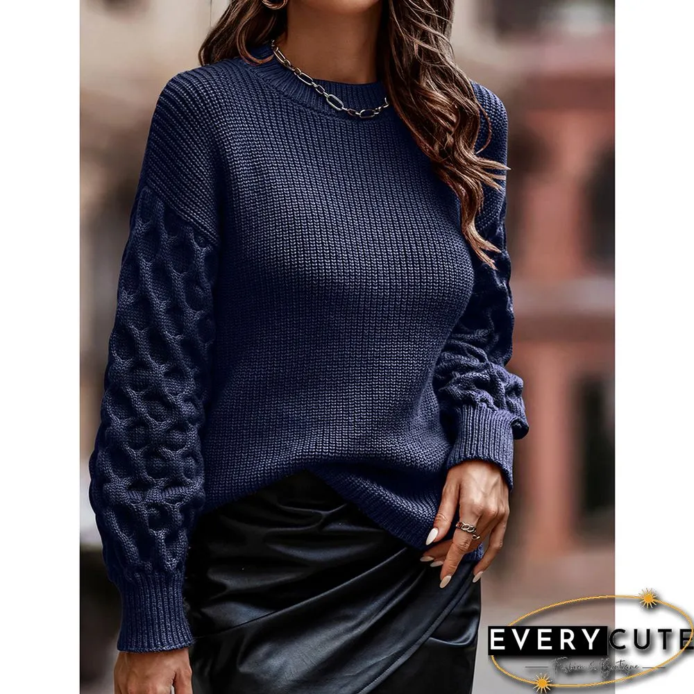 Navy Blue Ribbed Drop Shoulder Long Sleeve Sweater