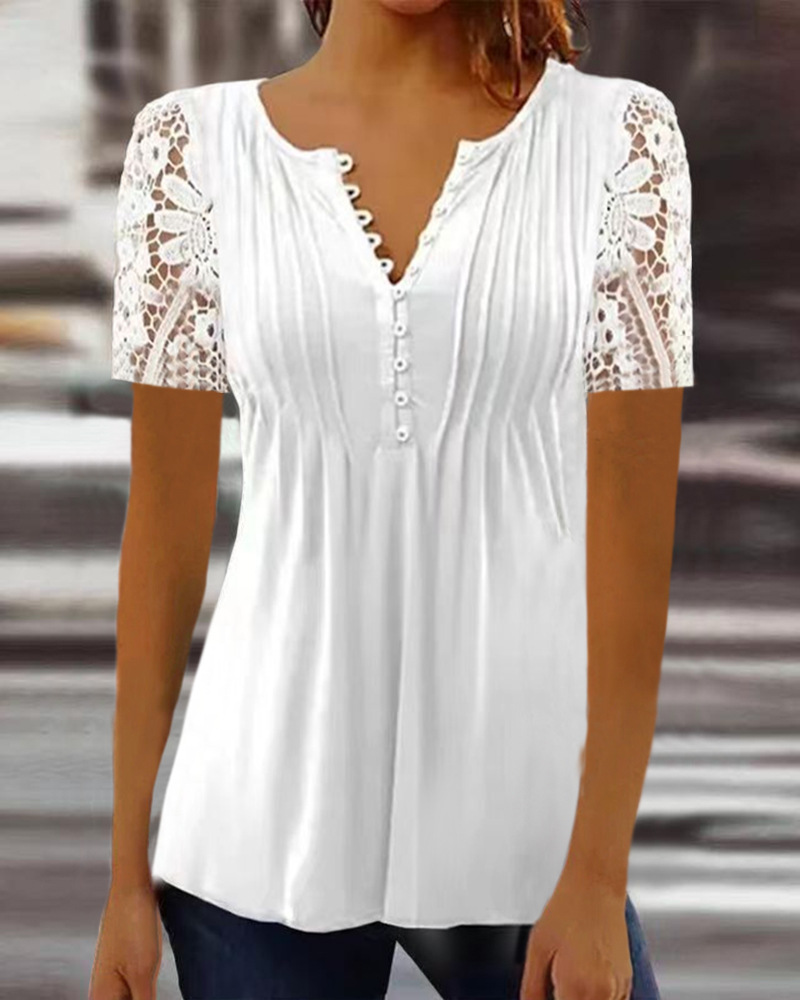 Lace Lace Sleeve Pleated Button Short Sleeve T-shirt
