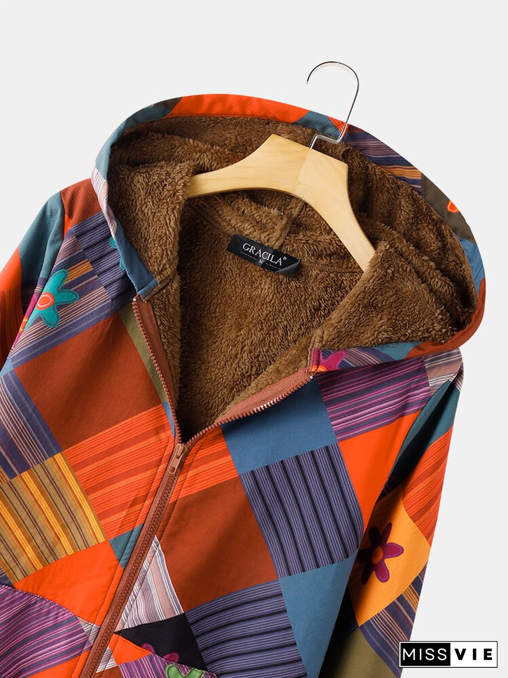 Vintage Plaid Floral Print Zipper Pocket Long Sleeve Casual Coat for Women