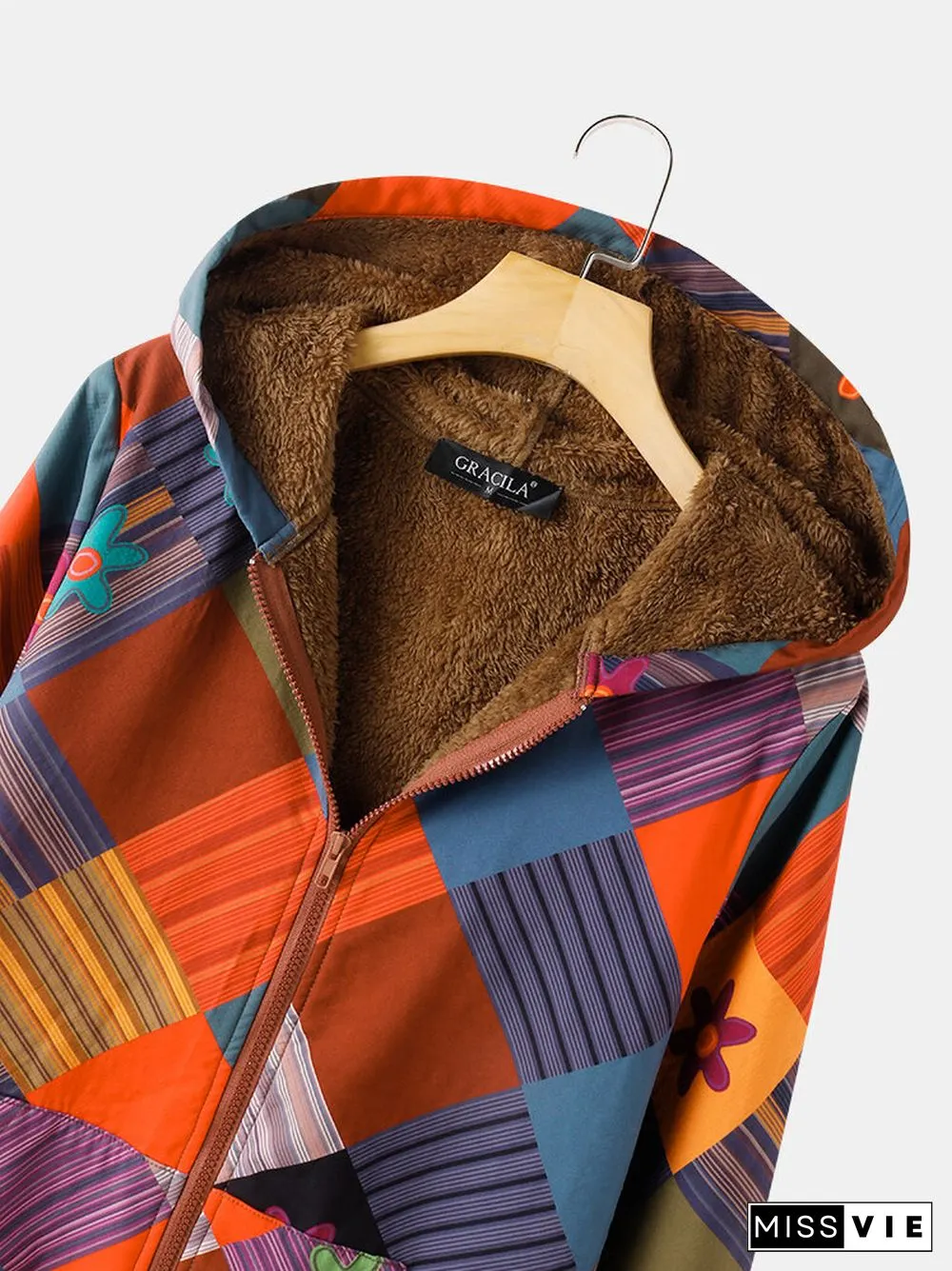 Vintage Plaid Floral Print Zipper Pocket Long Sleeve Casual Coat for Women