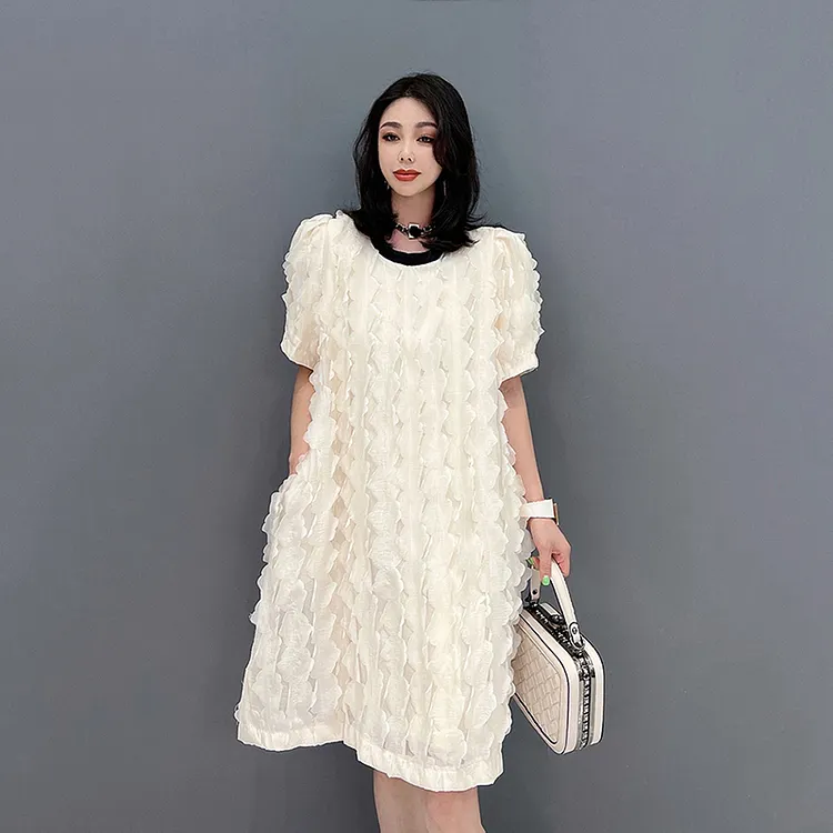 Temperament Loose Contrast Color O-neck Appliques Short Sleeve Dress 