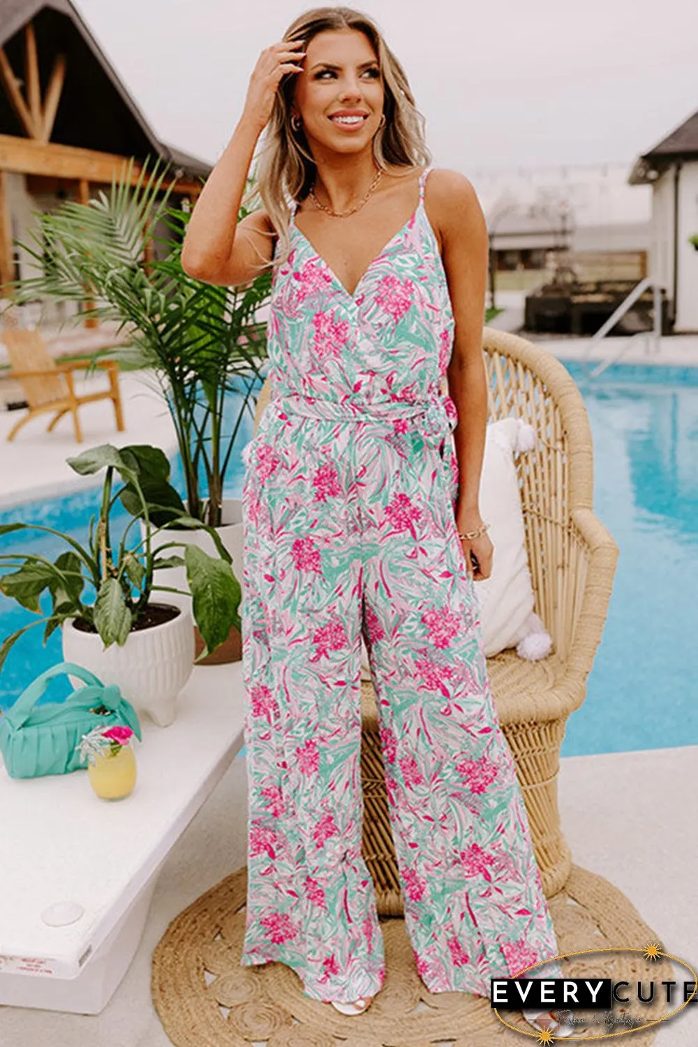 Sky Blue Floral Print Knotted High Waist Sleeveless Jumpsuit