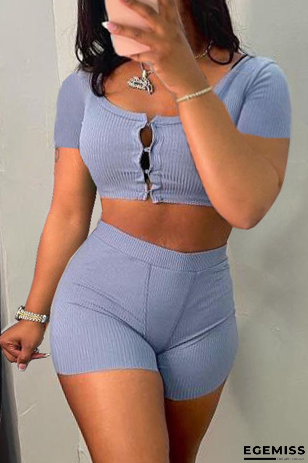 Blue Purple Fashion Casual Solid Basic O Neck Short Sleeve Two Pieces | EGEMISS
