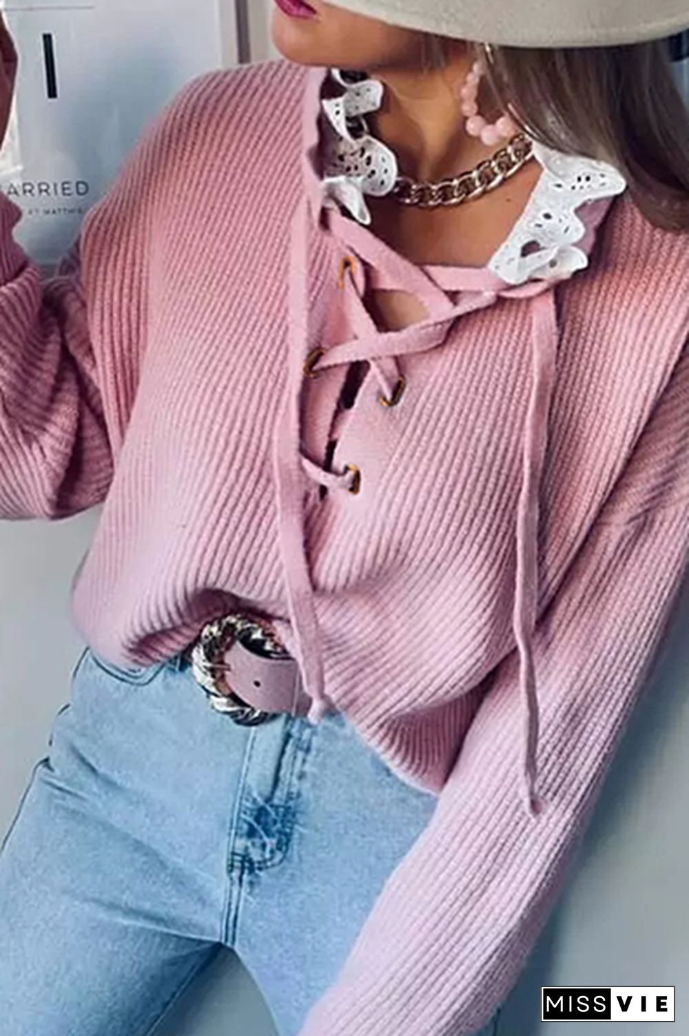 Casual Patchwork Lace Cross Straps V Neck Tops
