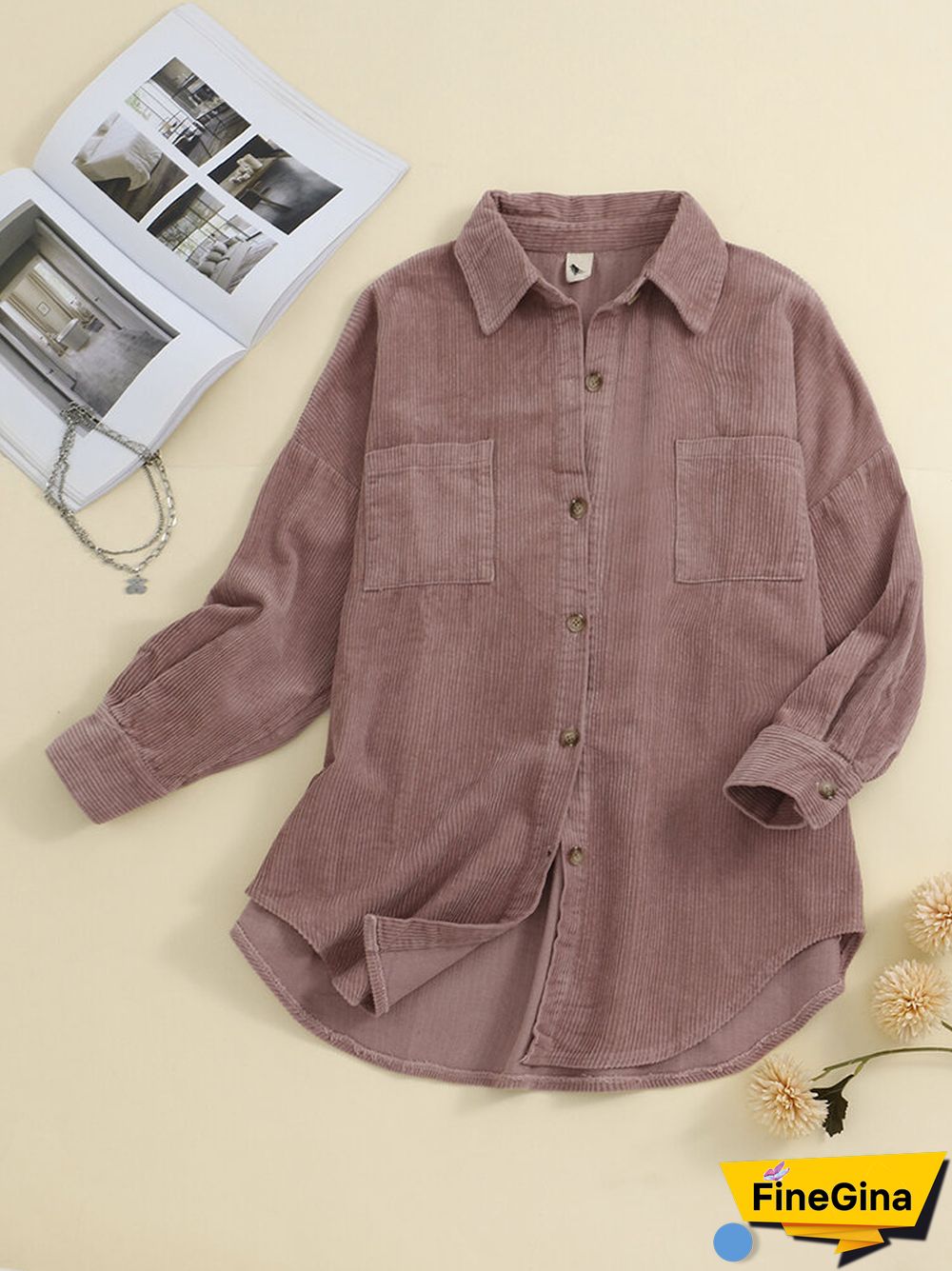 Corduroy Ribbed Solid Pocket Button Lapel Long Sleeve Jakcet
