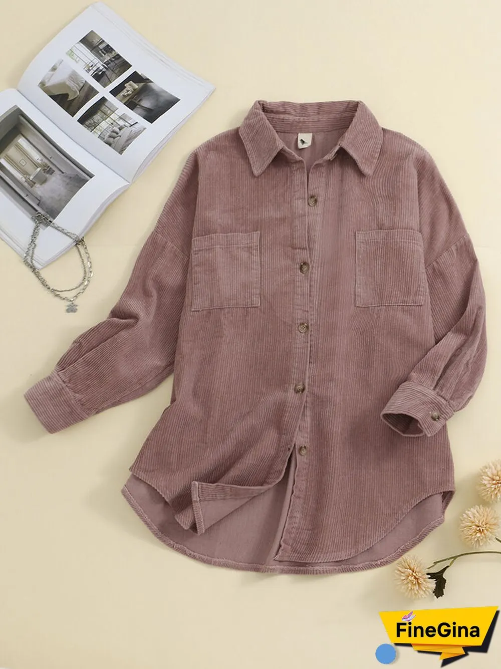 Corduroy Ribbed Solid Pocket Button Lapel Long Sleeve Jakcet