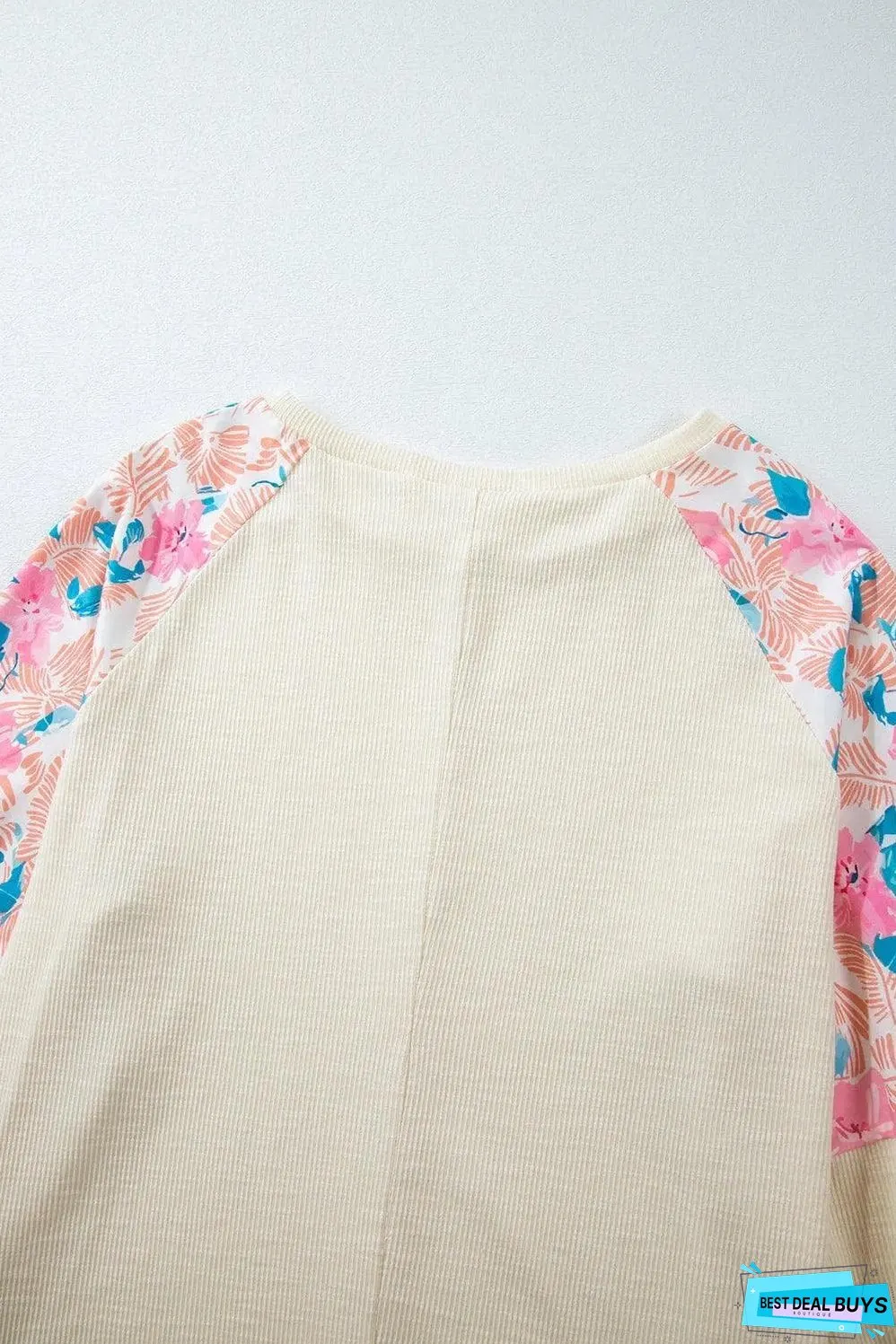 Apricot Plus Size Floral Patchwork Ribbed Puff Sleeve Top