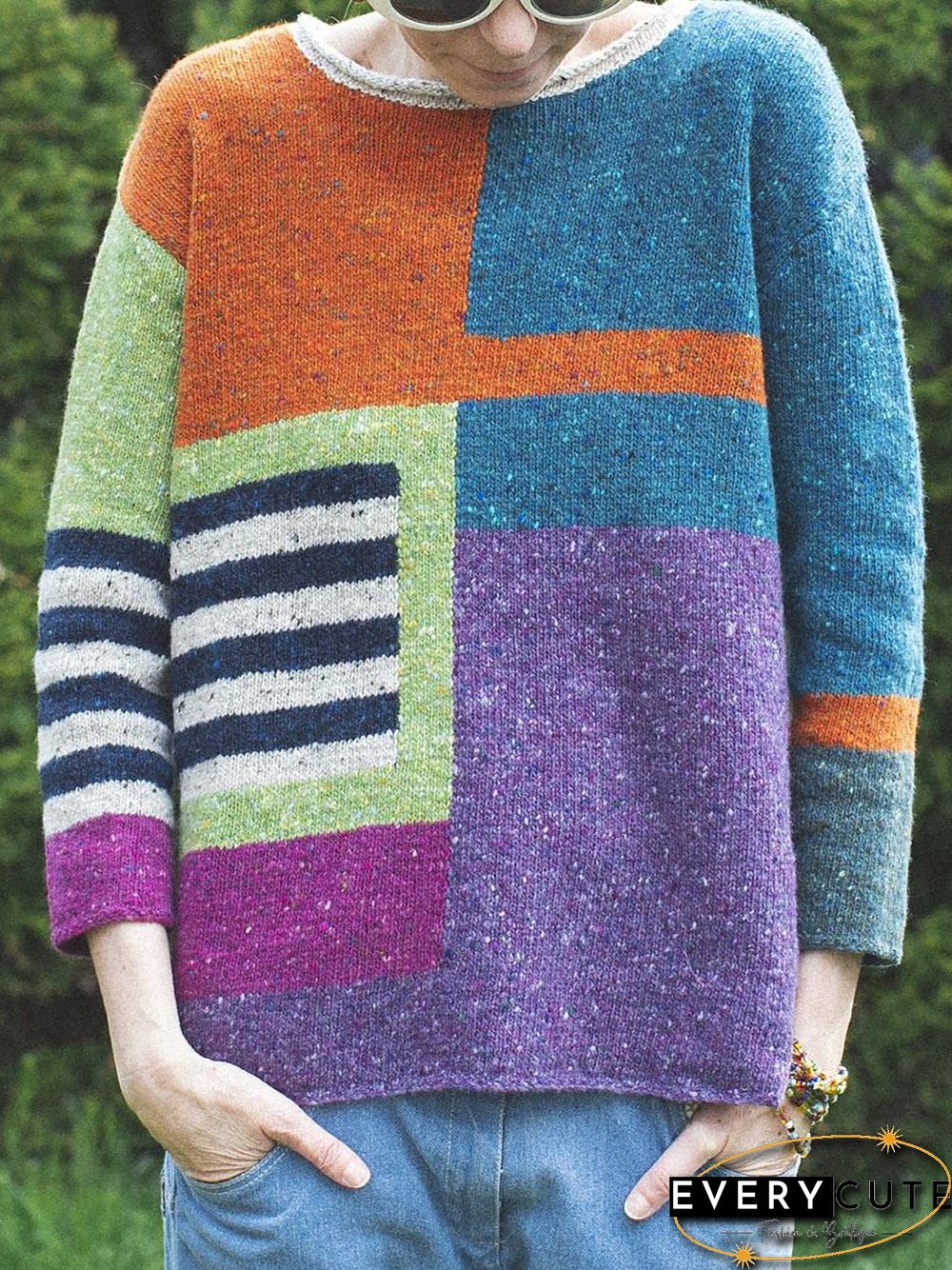 Geometric Casual Spring Polyester Mid-weight Daily Casual Long sleeve Loose Sweater for Women