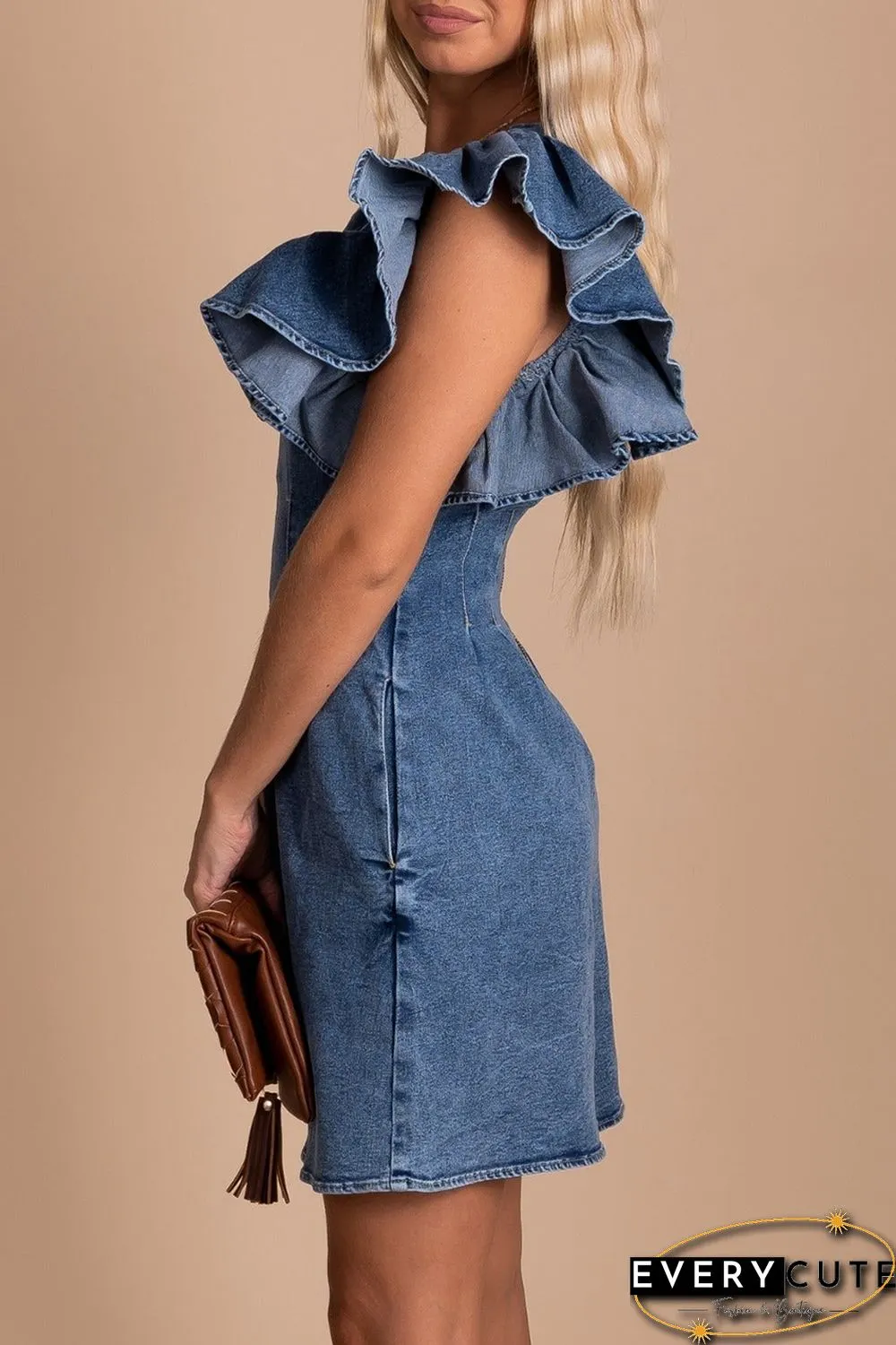 Blue Ruffle Pleated Denim Romper with Pockets