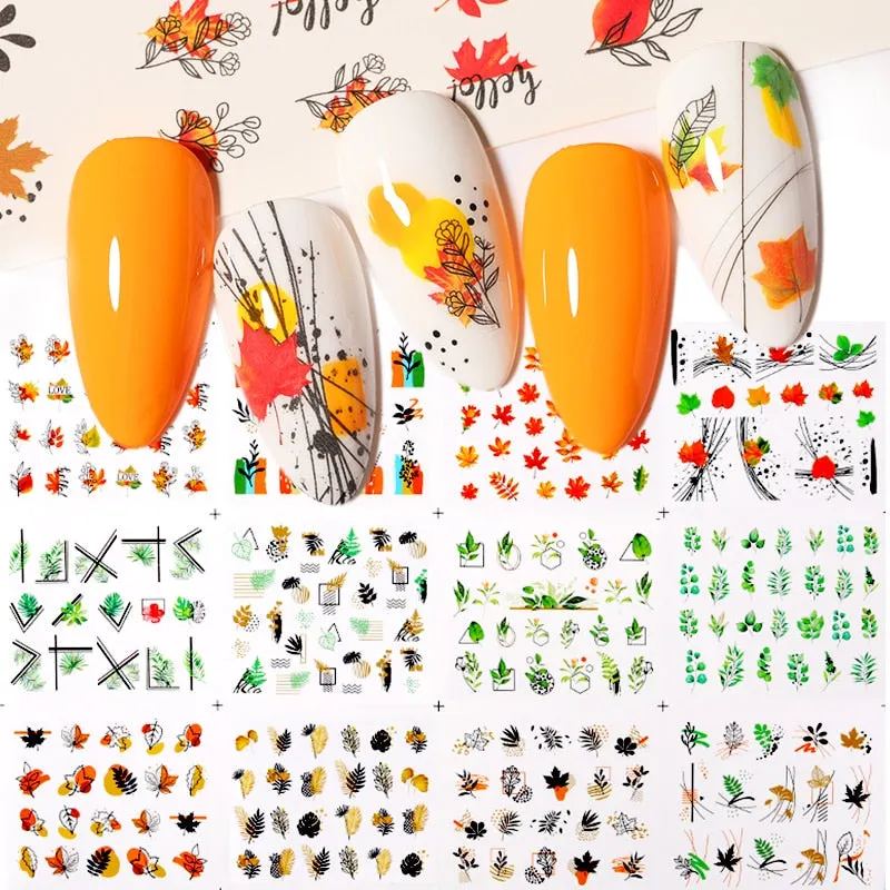 12Styles Harunouta Spring Summer Alphabet Flower Leaves Nail Water Decals Popular Geometric Lines Transfer Stickers Decoration