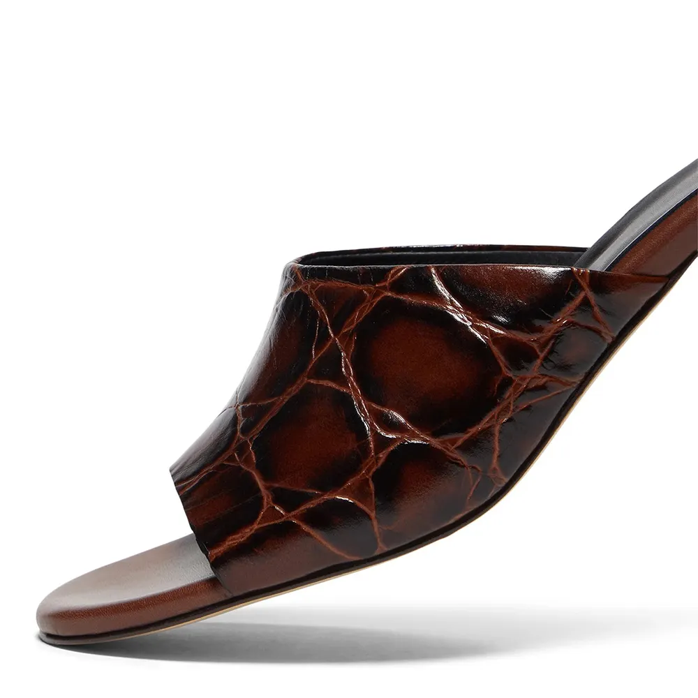 Brown Embossed Round Toe Wide Strap Mid Flared Heeled Mules