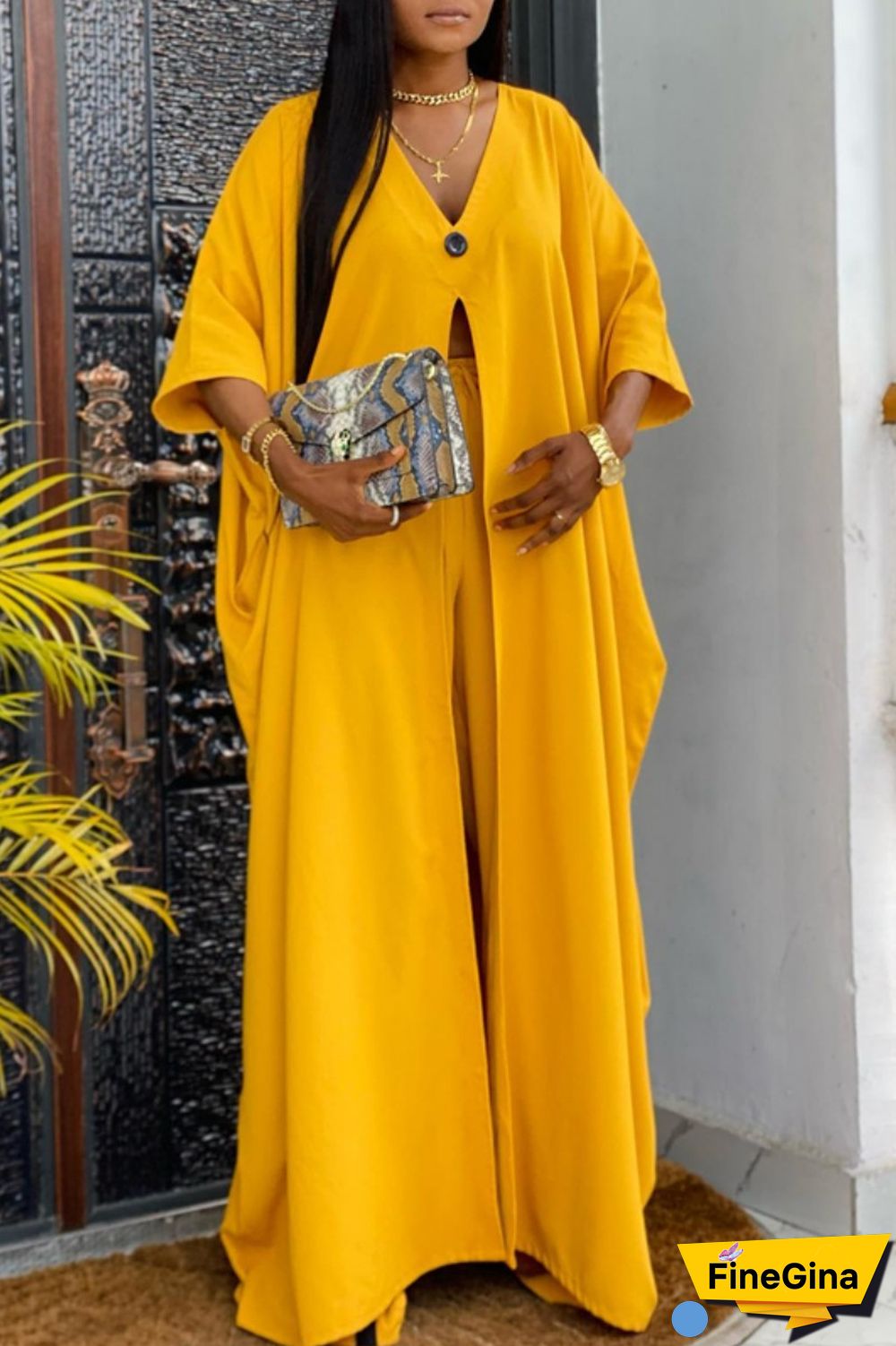 Yellow Casual Solid Patchwork V Neck Three Quarter Two Pieces