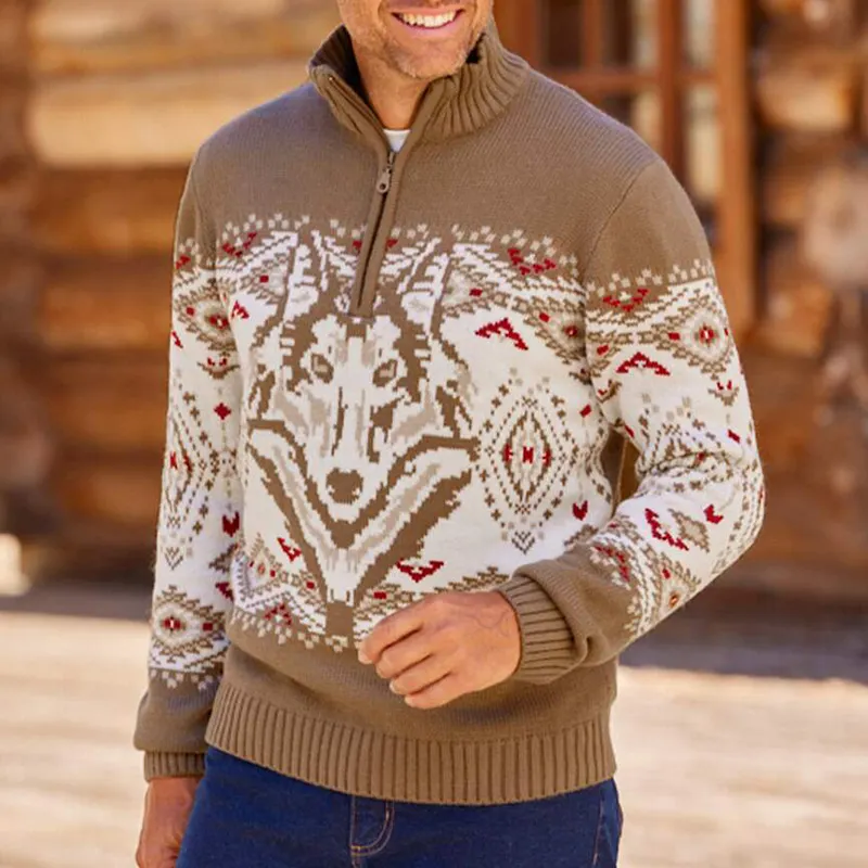 Vintage Wolf King Knit Jacquard Icelandic Half Zip Collar Sweater