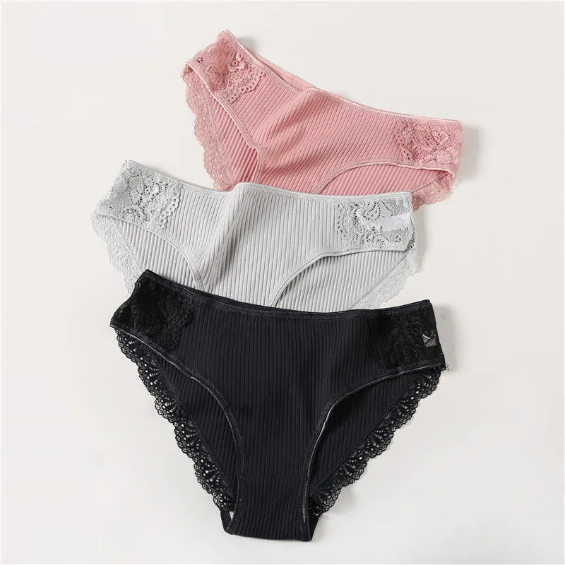 3PCS/Set 6 Color Women Panties Cotton Lace Briefs Solid Color for Female Striped Sexy Cotton Underwear Lingerie Low Waist Flower