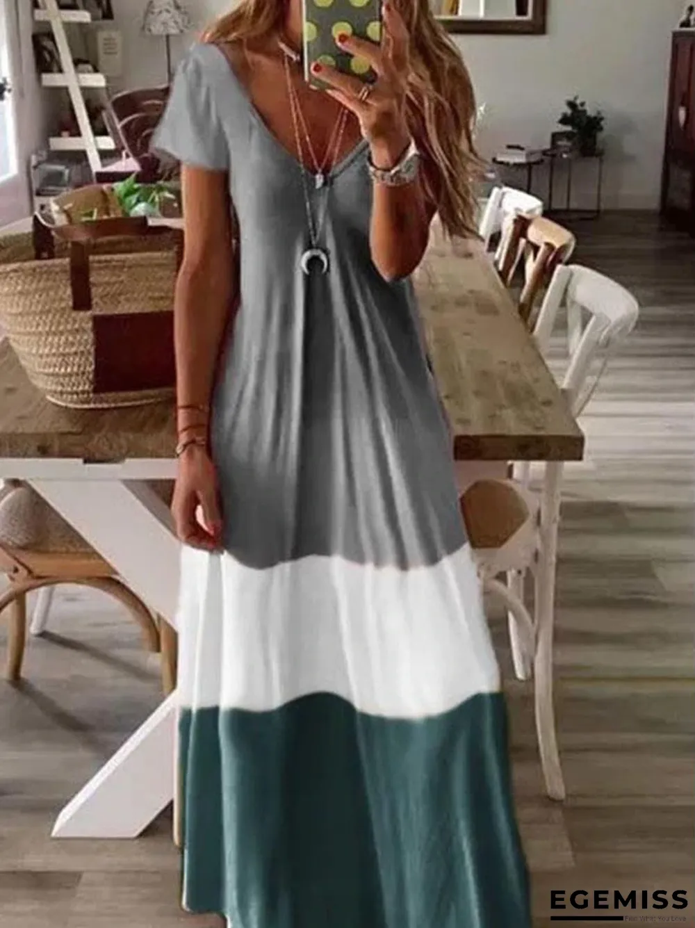Color-block V-neck Short Sleeves A-line Holiday Maxi Dress | EGEMISS
