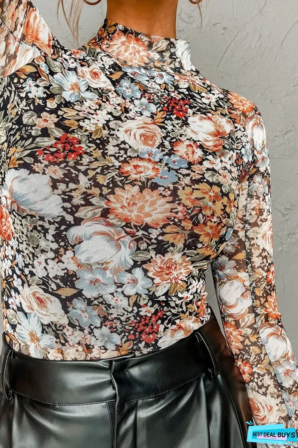 Floral Mock Neck Long Sleeve Top