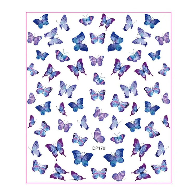1pc Holographic Blue Nail Stickers Pink Colorful Butterfly Art Sticker With Adhesive DIY Extension Flowers Rose Nail Decoration-Nail Inspo
