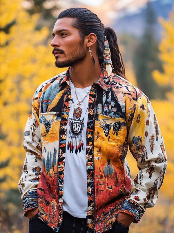 Orange Native American Long Sleeve Ribbon Shirt