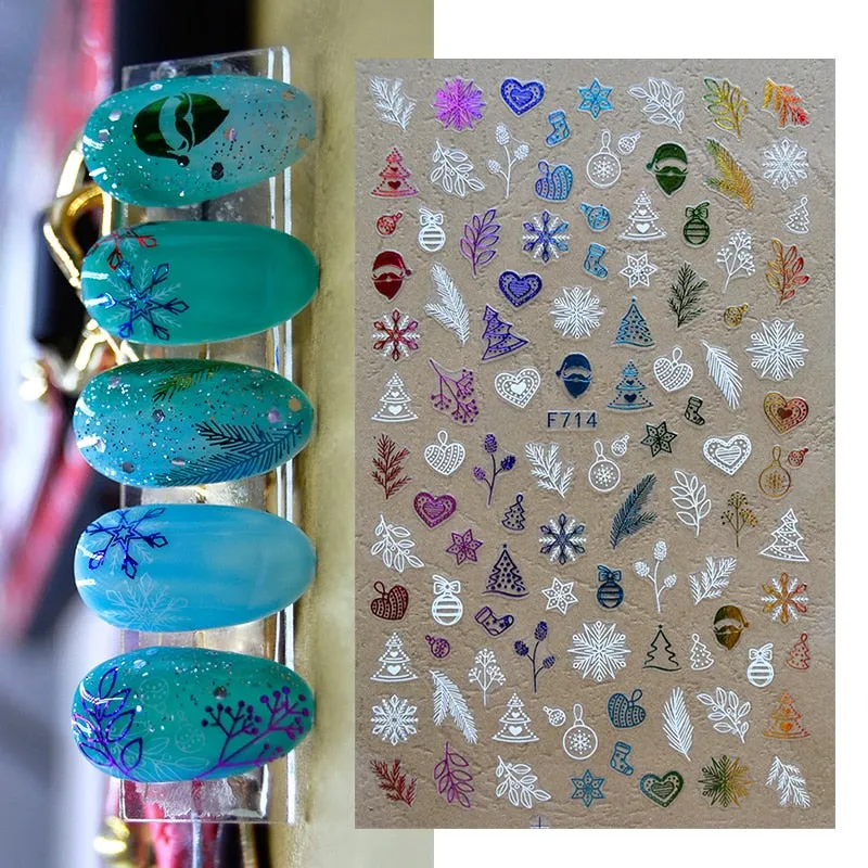 Sliver Bronzing 3D Christmas Nail Art Decoration Sticker Sparkly White Colorful Glitter Geometry Snowflake Winter Slider Foil