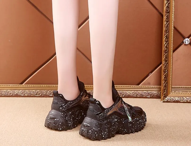 Fashion Women Shoes Dad Chunky Sneakers Women Luxury Comfortable Glossy Thick Sole Ladies Platform Wave Bottom Trainers Female